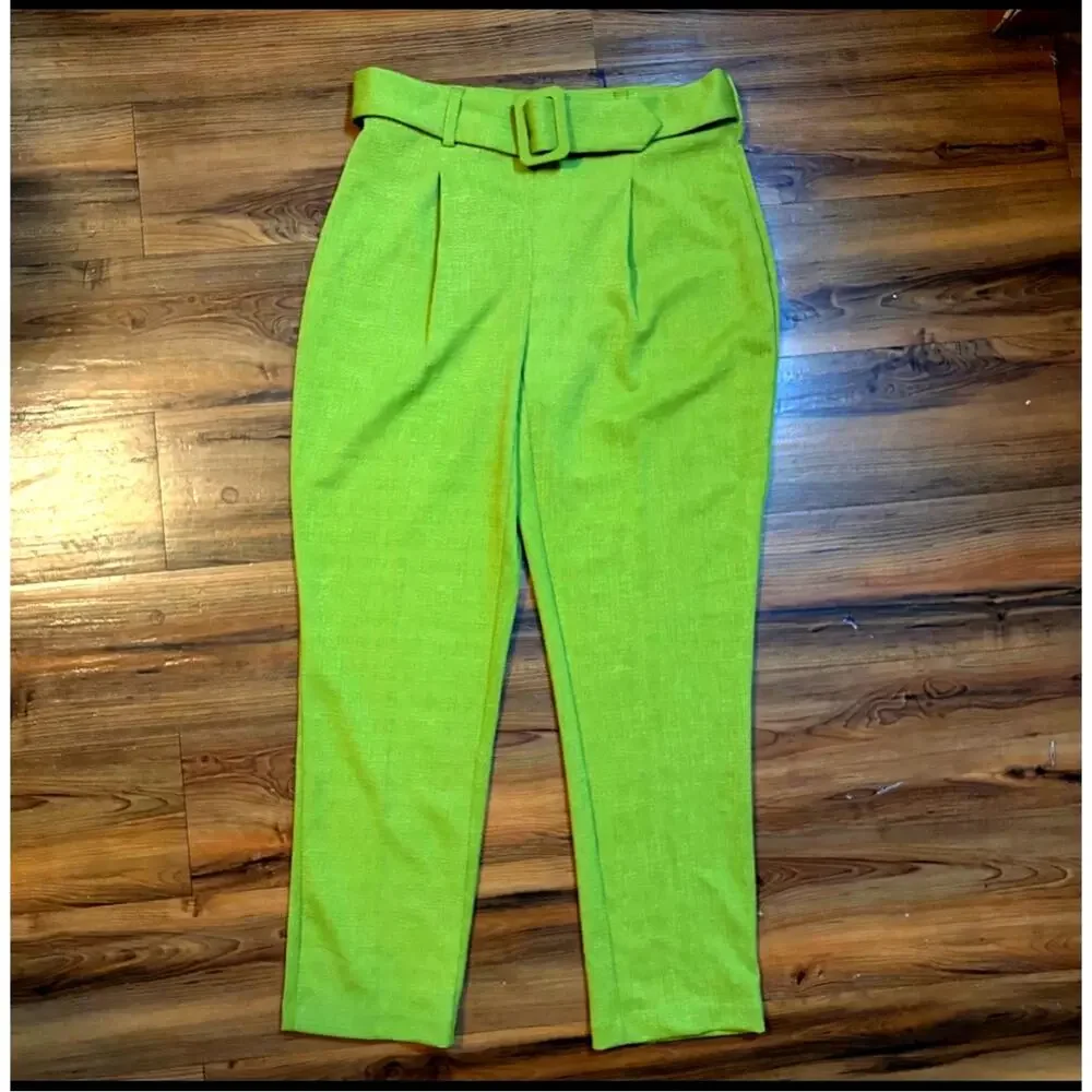 Lime Green High-Waisted Tapered Pants with Belt | Statement Trouser